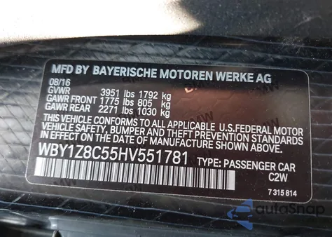 2017 BMW I3 94 Ah W/Range Extender z USA, uszkodzony, nr VIN WBY1Z8C55HV551781